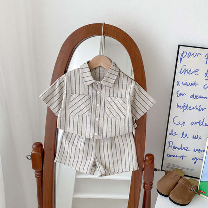 A Children's Korean version retro striped short-sleeved shirt shorts set for babies and boys and girls in summer thin casual trendy clothes