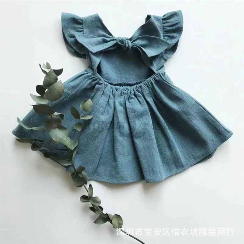 European and American style summer dress for girls, cotton and linen thin style for girls, flying sleeves, solid color backless skirt, 0.05kg