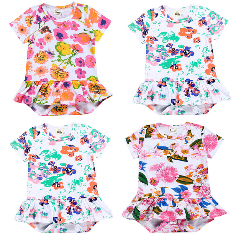 A New baby crawling clothes ins European and American baby onesies, summer girls printed short-sleeved triangle skirts