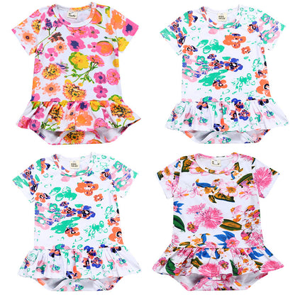 A New baby crawling clothes ins European and American baby onesies, summer girls printed short-sleeved triangle skirts