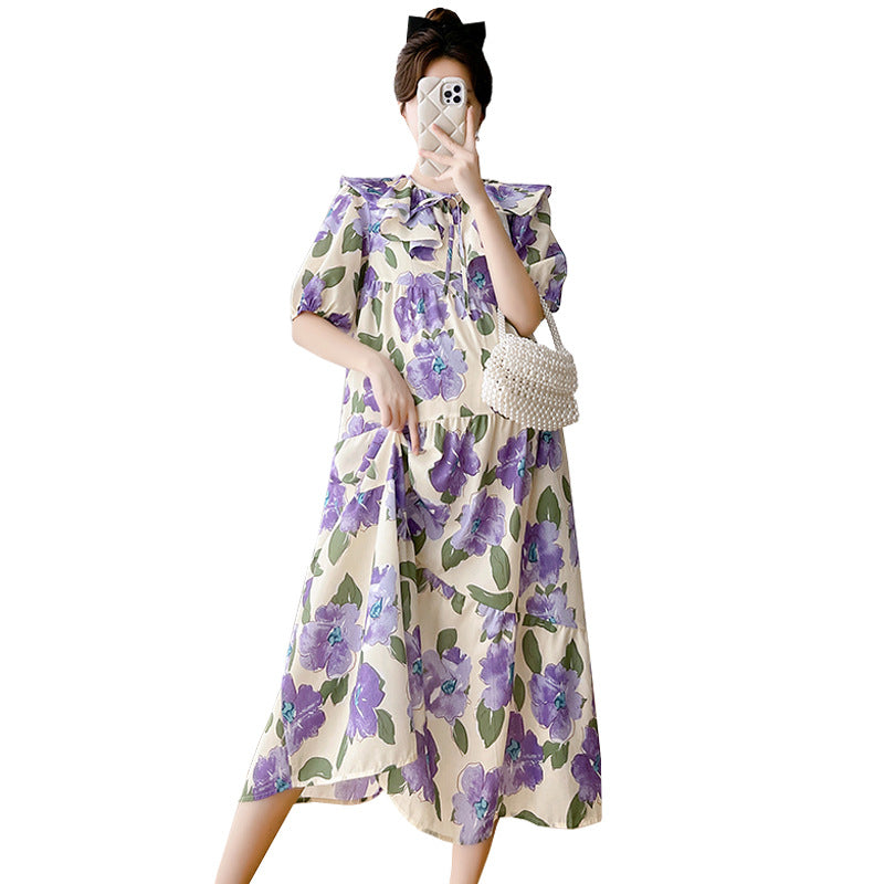 A maternity clothes 2024 summer new French retro thin sweet large size floral bubble sleeves age-reducing maternity dress