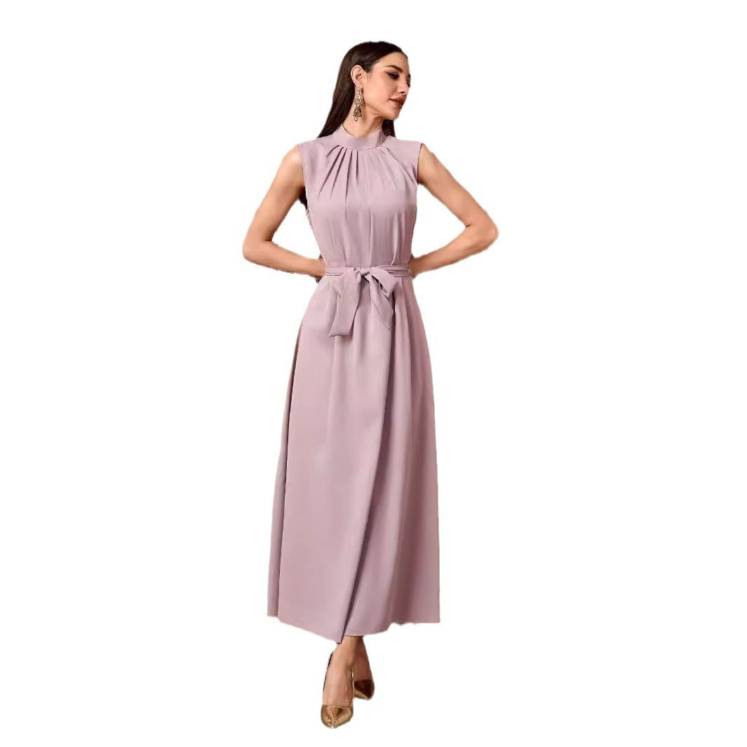 Women's Muslim Solid Color Casual Sleeveless Bottom Long Dress High Neck Belt Dress Inner Shirt