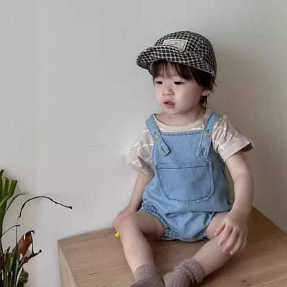 Ropa de verano para niños, conjunto de camiseta de manga corta y pantalones con pechera para bebés, ropa infantil coreana, ropa de verano para bebés 