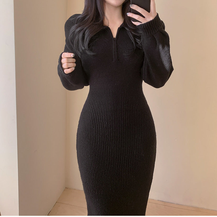 A Korean ins heavy sexy sweater autumn and winter new elegant dress medium and long knitted hip-wrapped dress