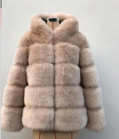 A Amazon lady autumn and winter thickened warm fluffy jacket long sleeve hat imitation rabbit fur jacket