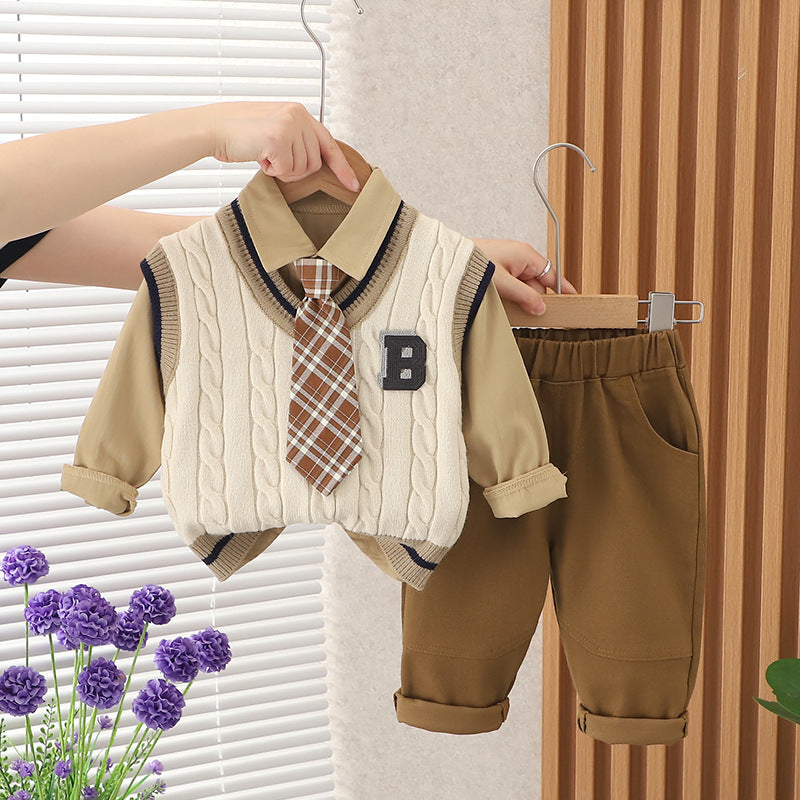 A Boys College style knitted vest with bow tie three-piece set, factory wholesale autumn set, foreign style fashionable model