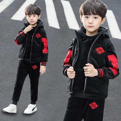 A boys autumn and winter suit new fleece thickened sweater three-piece set medium and older children's Korean version double-sided fleece children's clothing