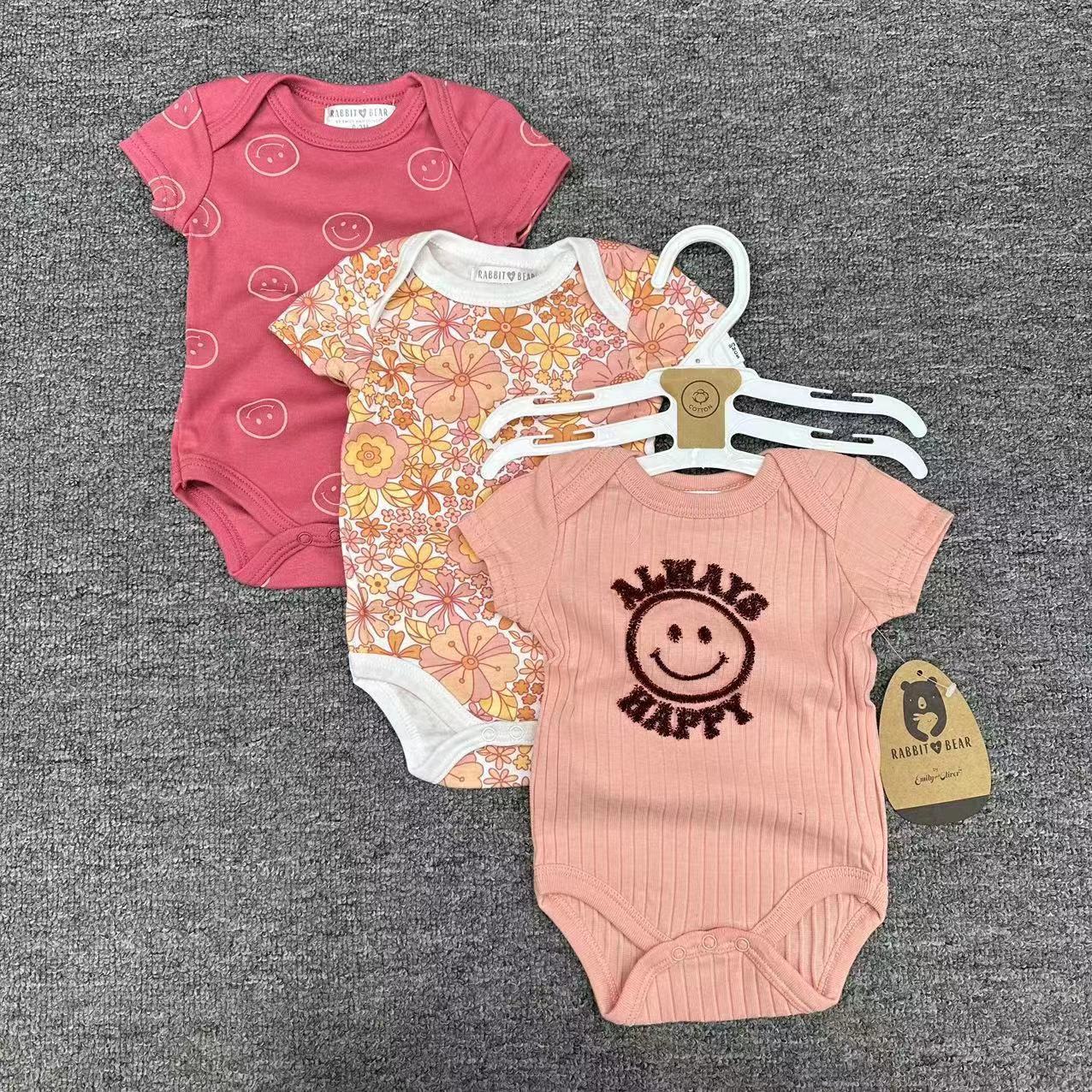 Cross border baby jumpsuit, men's and women's three piece set, buttocks, short sleeved set, men's and women's summer thin edition