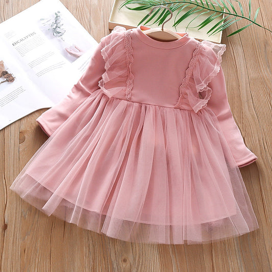 Girls' Spring and Autumn Dress, Puffy Tulle Skirt, Small Kids  New Children's Foreign Style Lace Princess Skirt Long Sleeve 0.18kg