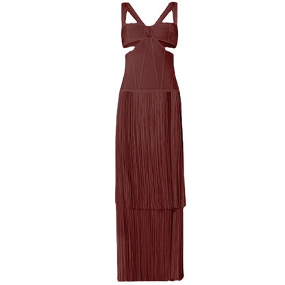 A cross-border fringed dress European and American babes sexy dress ins style new retro suspender slim bandage long