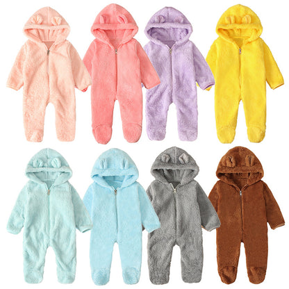 A Men, women and children, European and American spring and autumn winter cute solid color hooded fleece thickened foot-wrapped one-piece Romper children's clothing ins