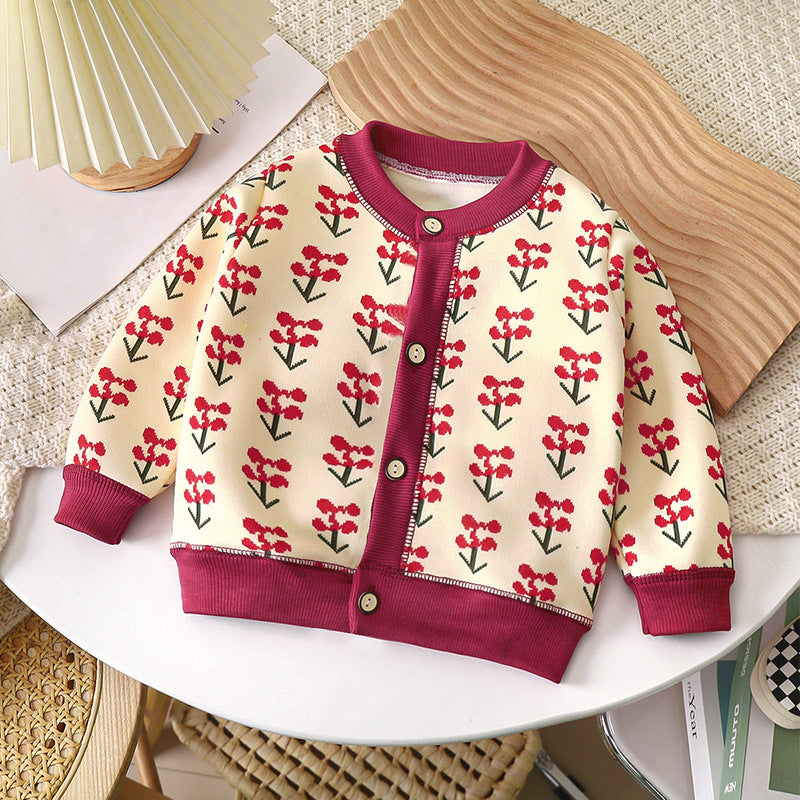 A 2024 autumn and winter new children's versatile knitted jacket boys and girls baby warm cardigan thickened outerwear sweater