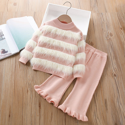 A girls sweater set, autumn and winter new Korean version of fashionable baby girl Mao Mao knitted long-sleeved pants two-piece set