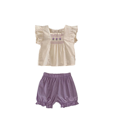 A 2024 Summer New Infant and Toddler Girl Flying Sleeves Embroidered Top+Butt Shorts 2-piece Set