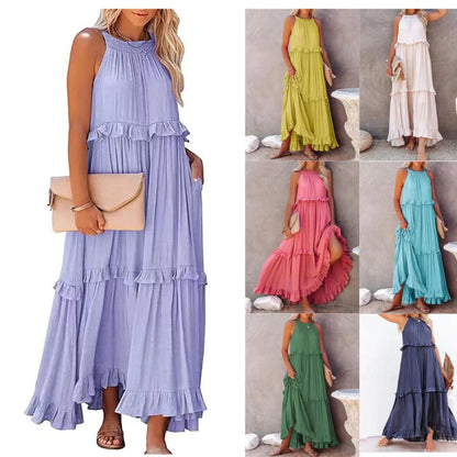 A Europe, America 2024 summer new vacation wind ruffle leaf edge long dress Amazon pendulum elegant beach dress women