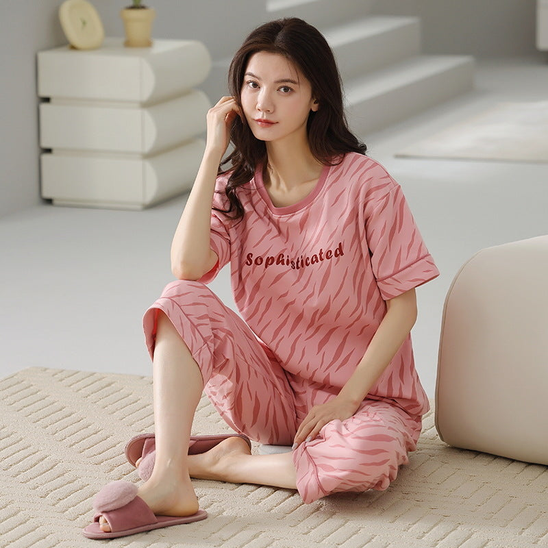 A pajamas women's summer cartoon pure cotton short-sleeved cropped pants casual loose round neck can be worn outside summer loungewear suit