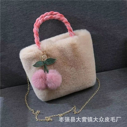 Bolso de mano con forma de conejo de peluche y cerezas, bonito y femenino 