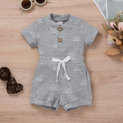 Bao Bao summer baby boy two-piece set pit strip sun printed stand collar short sleeve bag fart suit shorts set 0.15