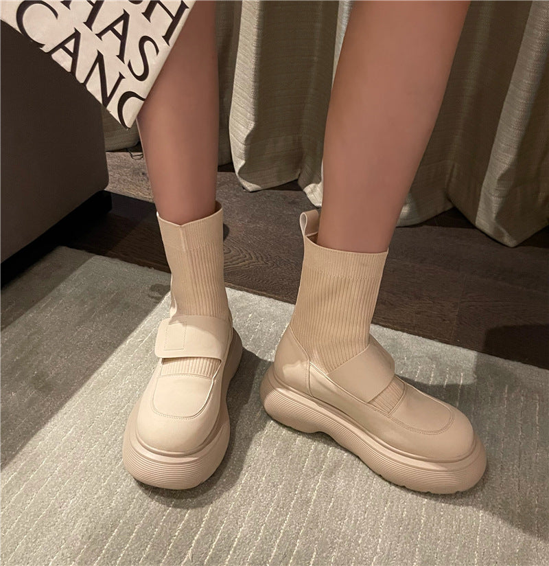 A Autumn and winter sleeve round head thick sole heightening short boots versatile fashion single boots trendy cool fashion personalized socks boots women