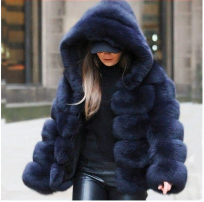 A Amazon lady autumn and winter thickened warm fluffy jacket long sleeve hat imitation rabbit fur jacket