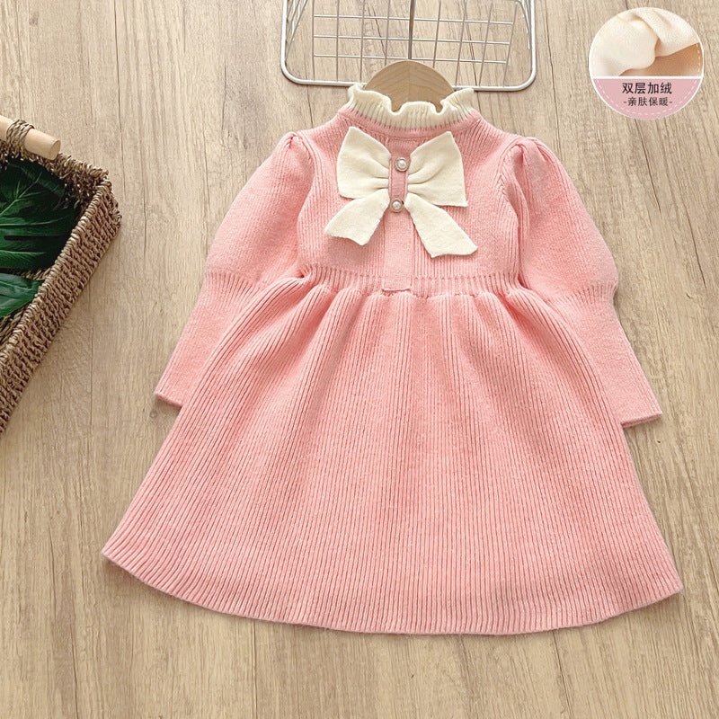 Girls' woolen dress, children's knitted dress, new bow fashion long dress, baby girl dress