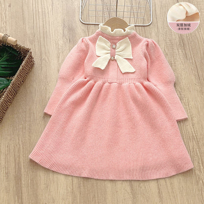 Girls' woolen dress, children's knitted dress, new bow fashion long dress, baby girl dress