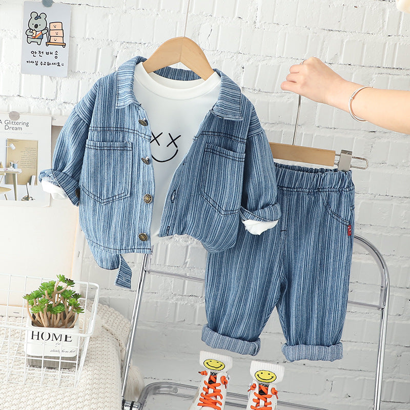 Boy's Spring Suit Baby Tide Spring Children's Clothes Boy's Spring and Autumn Vertical Strip Smiley Denim Three-piece Set for Babies and Children 0.3kg