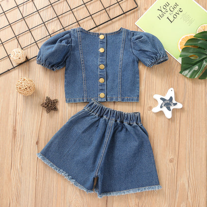 Girls summer fashion denim set, girls bubble sleeved short denim top+raw edge denim shorts 0.2kg