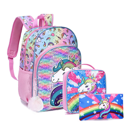 A spot mermaid three piece set for elementary school students, backpack for children, cross-border Amazon backpack