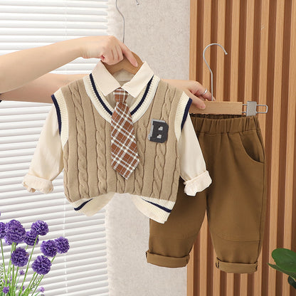 A Boys College style knitted vest with bow tie three-piece set, factory wholesale autumn set, foreign style fashionable model