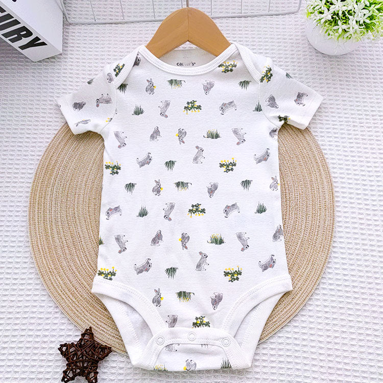 A summer men's and women's treasure triangle crawling newborn short-sleeved cotton leopard print one-piece Ha clothes toddler cartoon animal children's clothing wholesale