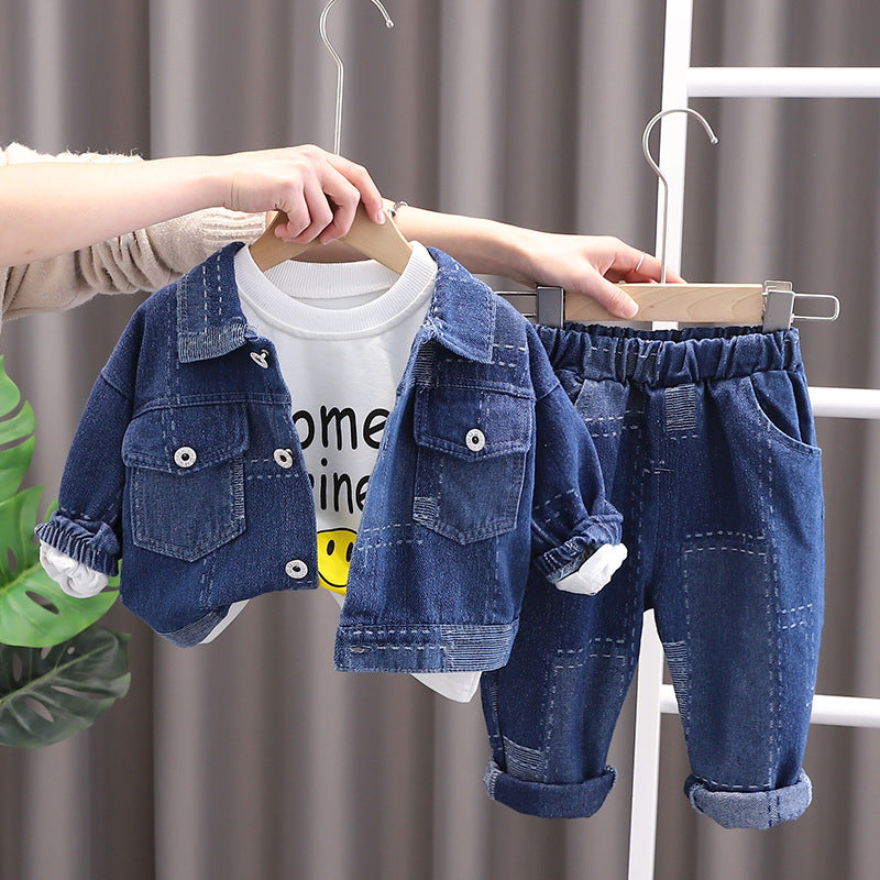 Boys and girls new fashion suit piece denim jacket spring and autumn three-piece baby handsome tide children&#039;s wear 0.3KG