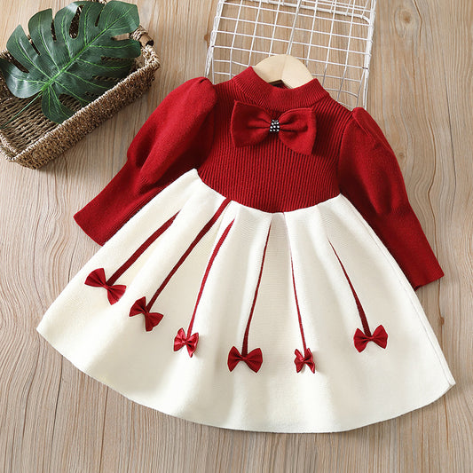 Girls sweater skirt children's clothing sweater knitted long skirt  autumn and winter new style bow little fragrant sweet princess skirt