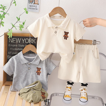 Children&#039;s summer thin cotton embroidered bear short sleeve suit 2023 new boy handsome lapel short sleeve 0.3kg