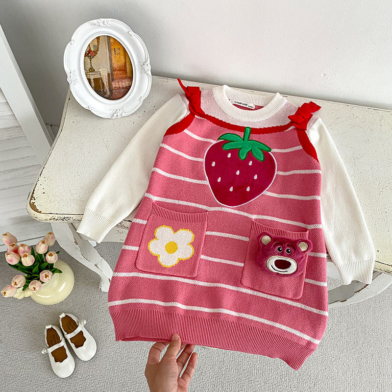 A girls spring and autumn dress new spring dress fashionable foreign style girls shirt children strawberry sweater skirt set