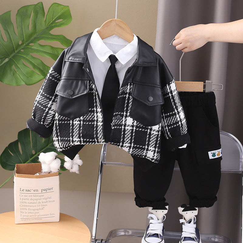 A Spring and Autumn Men's and Women's Suits Children's Spring and Autumn Plaid Crew Neck Sweater Suits Baby Handsome Three-piece Set