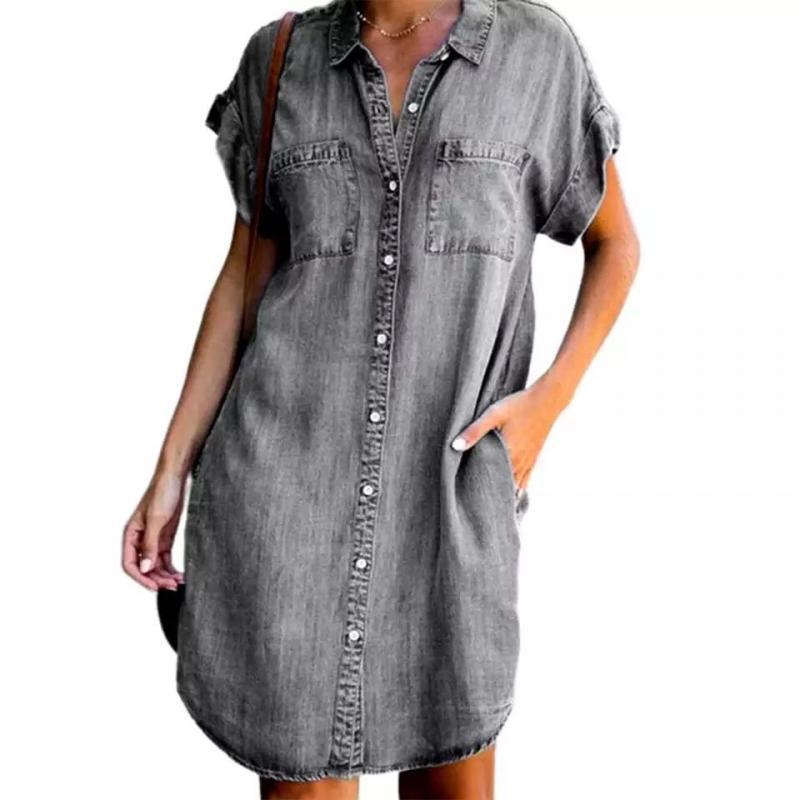 Independent station, Amazon 2024 cross-border new product, European and American lapel short-sleeved slim-fit dress, denim shirt skirt, women