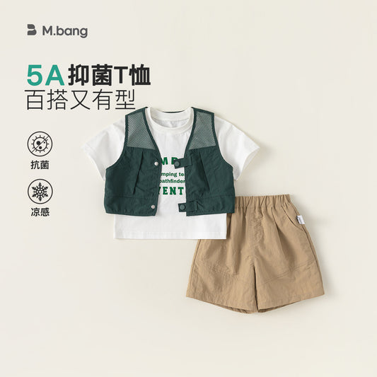 A babycity boys summer children&#039;s clothing new children&#039;s suit 5A antibacterial T-shirt casual vest shorts three-piece suit