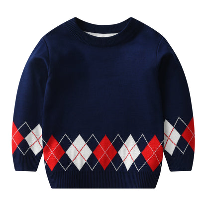 A factory direct sales of new European, American autumn and winter children's plaid sweater double-layer boy baby pullover bottoming knitted sweater