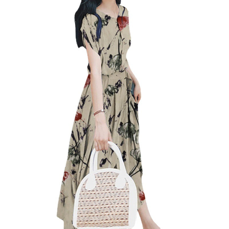 Summer plus size women's dress women's holiday style retro literary irregular printed long skirt