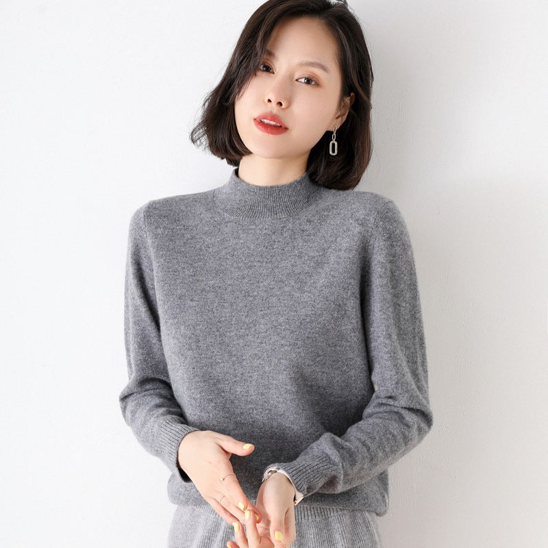 A Autumn and winter semi-turtleneck pullover wool sweater women's loose full-color short fleece sweater long-sleeved inner knitted bottoming shirt