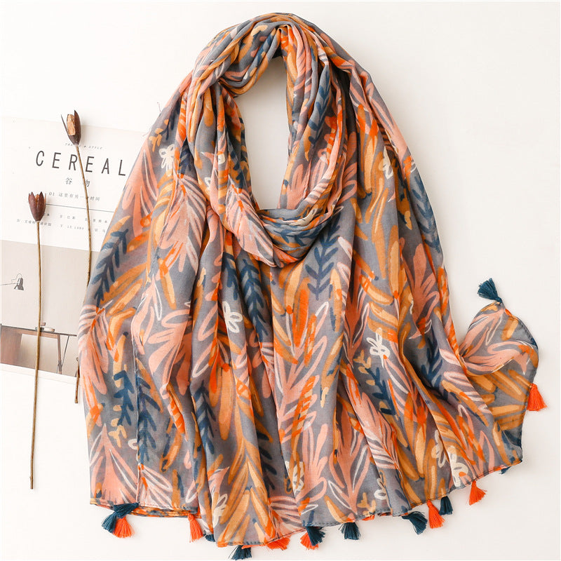 A Yitao Scarf Creative Ethnic Style Cotton and Hemp Hand Feel Scarf Women's Orange Wheat tassel Tourist Beach Scarf Shawl