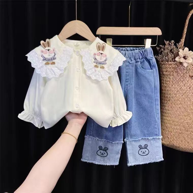 Girls&#039; suits in spring and autumn children&#039;s denim wide-leg pants+cartoon rabbit doll shirt two-piece set of 0.3kg