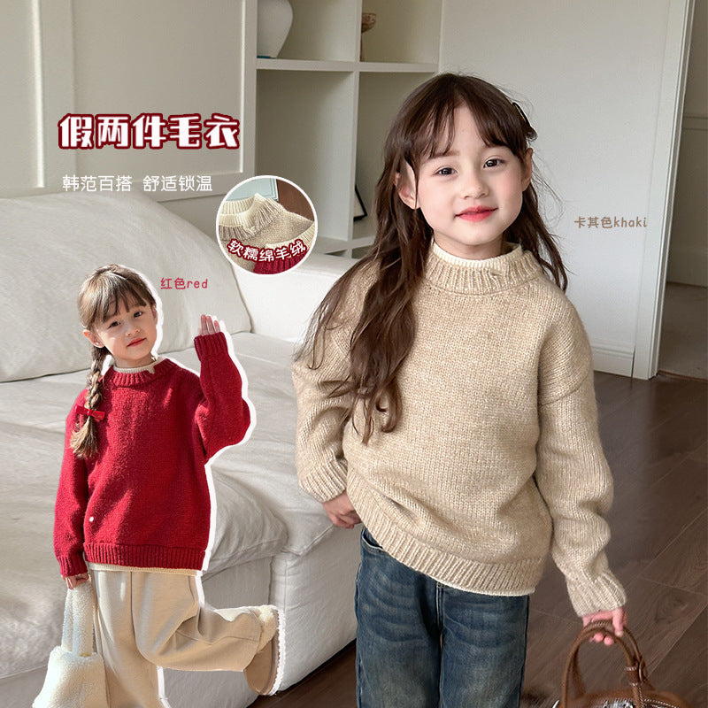 Quality sheep cashmere girl Korean version of foreign design sense wool sweater top fake two sweaters