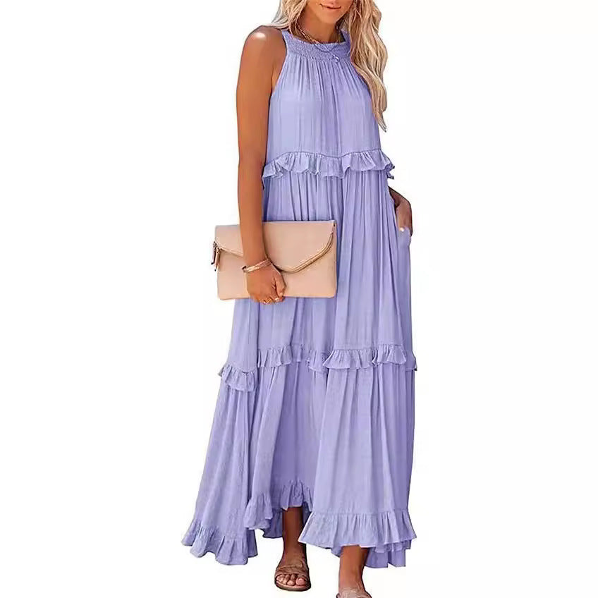 A Europe, America 2024 summer new vacation wind ruffle leaf edge long dress Amazon pendulum elegant beach dress women