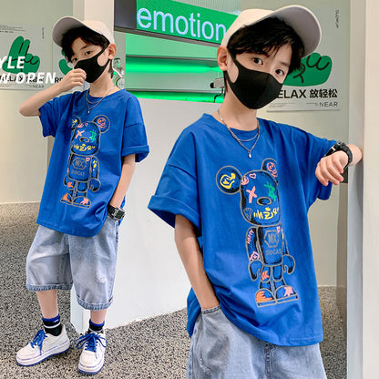 Ropa para niños, ropa de verano para niños, camiseta de manga corta, nueva impresión de dibujos animados suelta, ropa de moda de verano para niños, niños grandes guapos