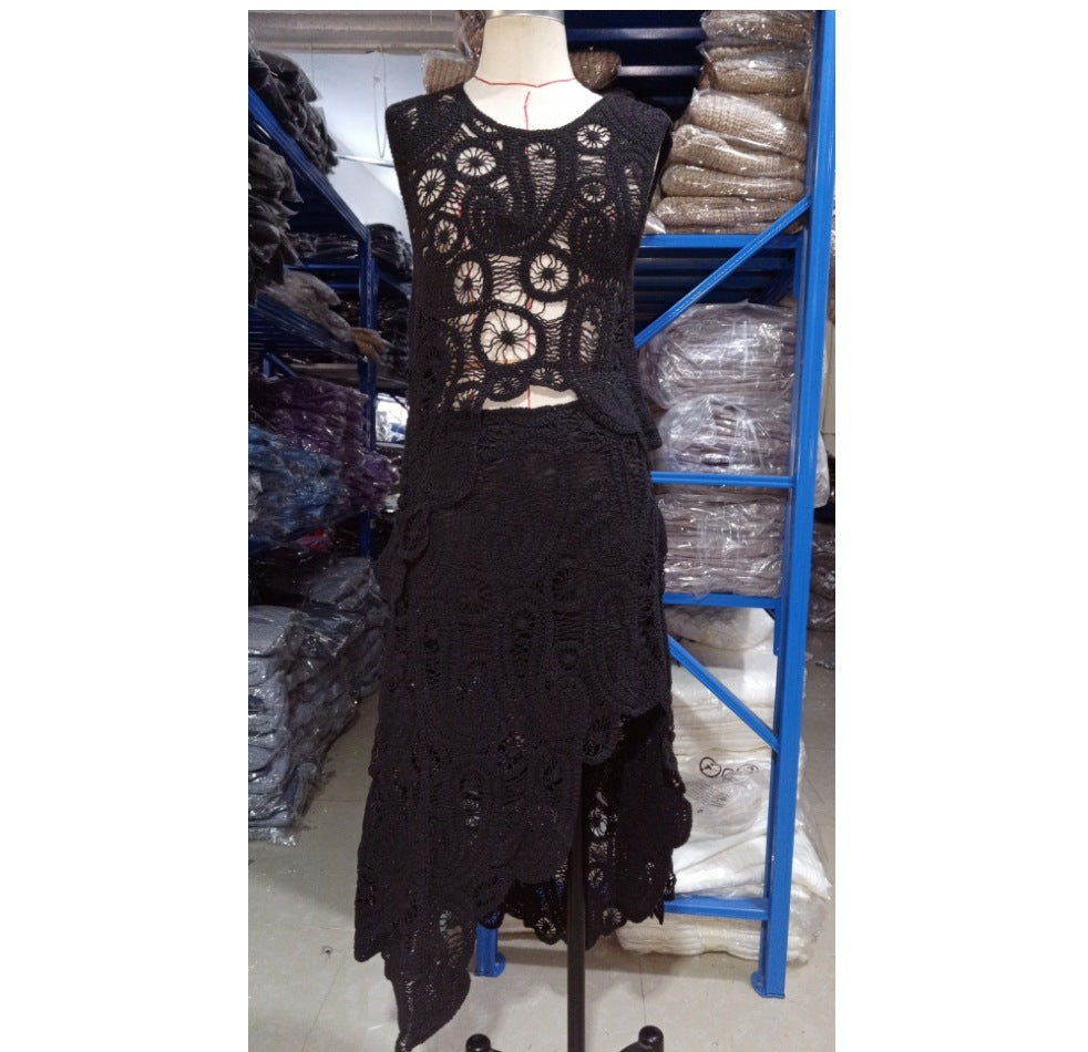 A 2024 cross-border foreign trade women's clothing hollow wool suit lace skirt new two-piece set INS