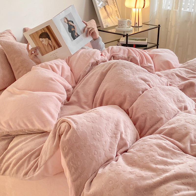 Class A Milk Velvet Four-Piece Set Autumn and Winter Coral Velvet Bed Sheets Double-sided Pile Pile Thickened Duvet Cover Warm Bedding 4 4.5kg