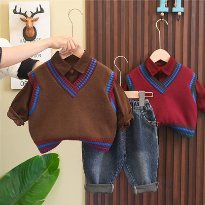 A new spring clothes boys casual foreign style baby contrasting color V-neck sweater vest three-piece set manufacturer wholesale