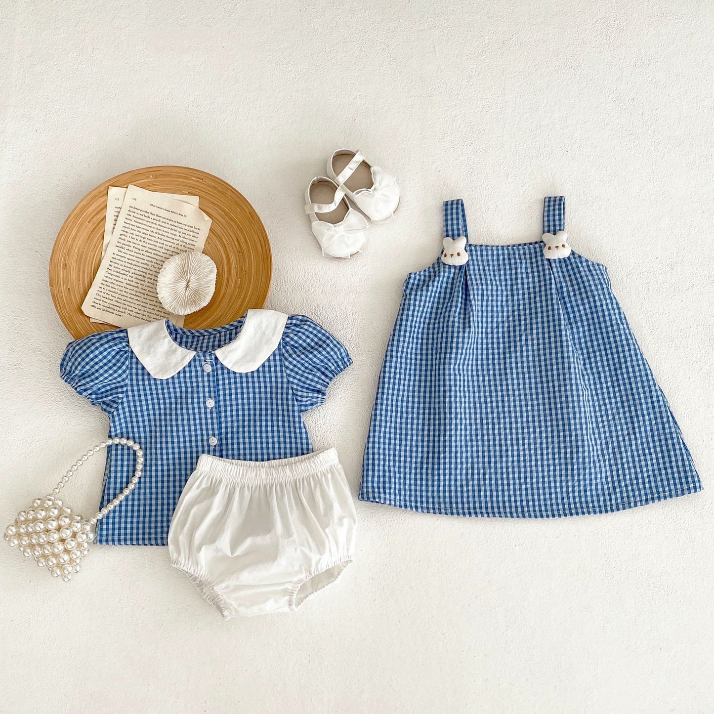 A ins2024 summer infant girl baby 0-3 years old rabbit cartoon suspender plaid A-line skirt dress